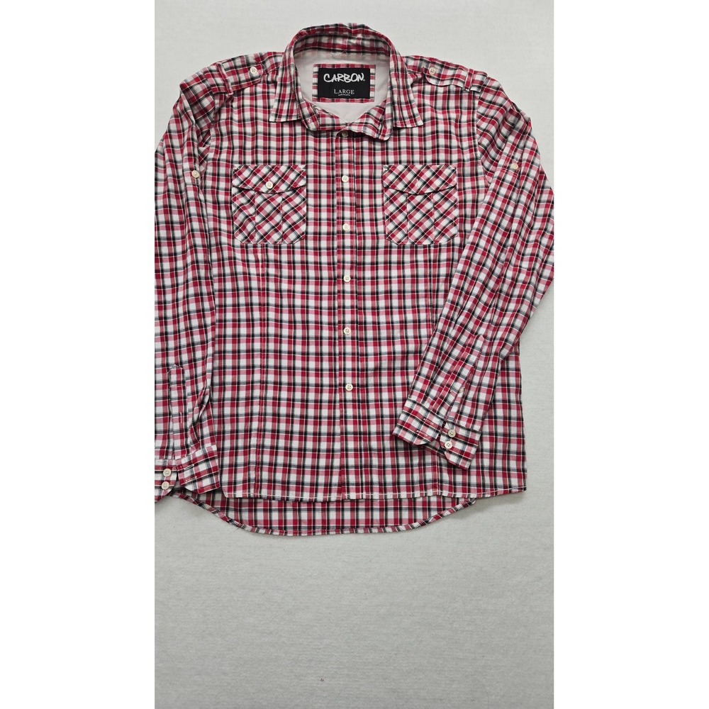 Carbon Mens Flannel Shirt Size Large Red‎ White Plaid Long Sleeve Button Up
